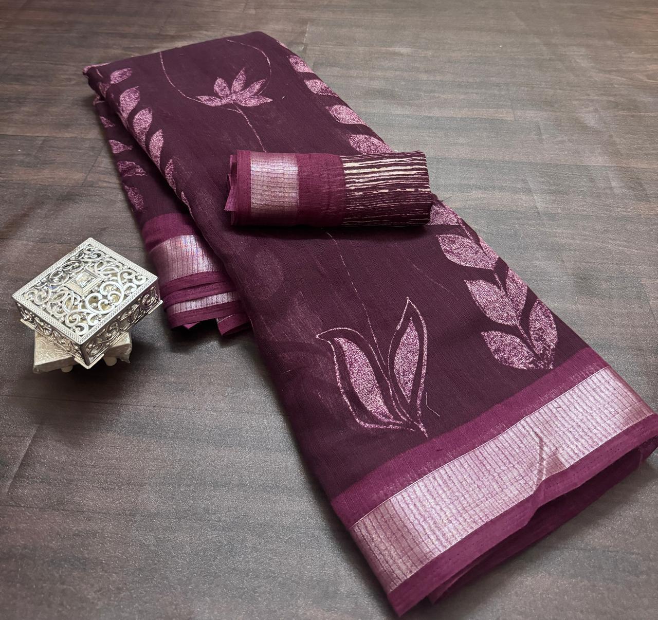 Slub Linen Maroon Saree with Blouse