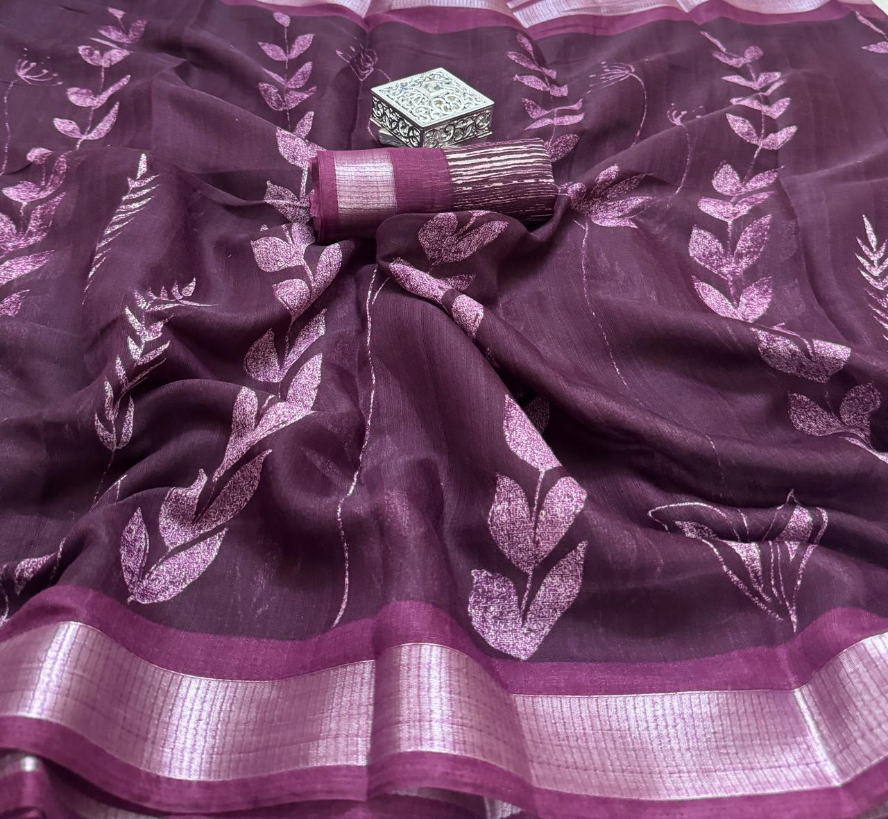 Slub Linen Maroon Saree with Blouse