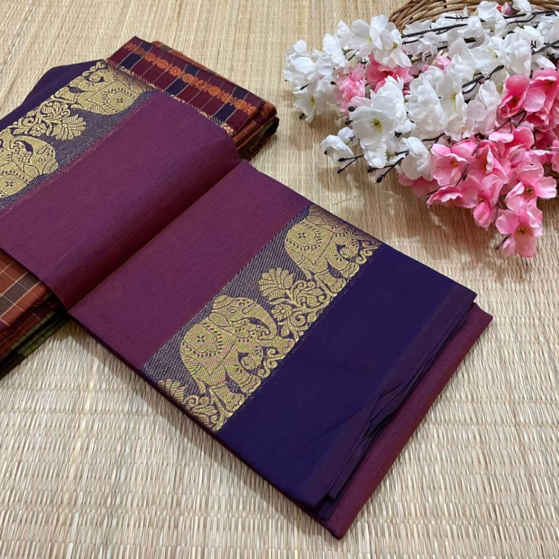 Chettinad Cotton Saree with Elephant Border (no blouse).