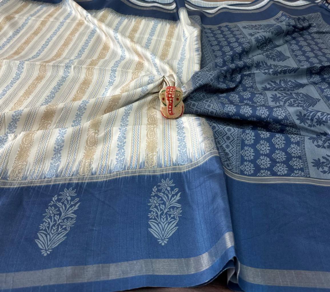 Royal Blue and White Silk Saree with blouse.